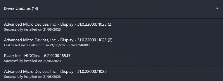 Windows Update screen on Windows 11 showing multiple reinstallations of the AMD GPU driver